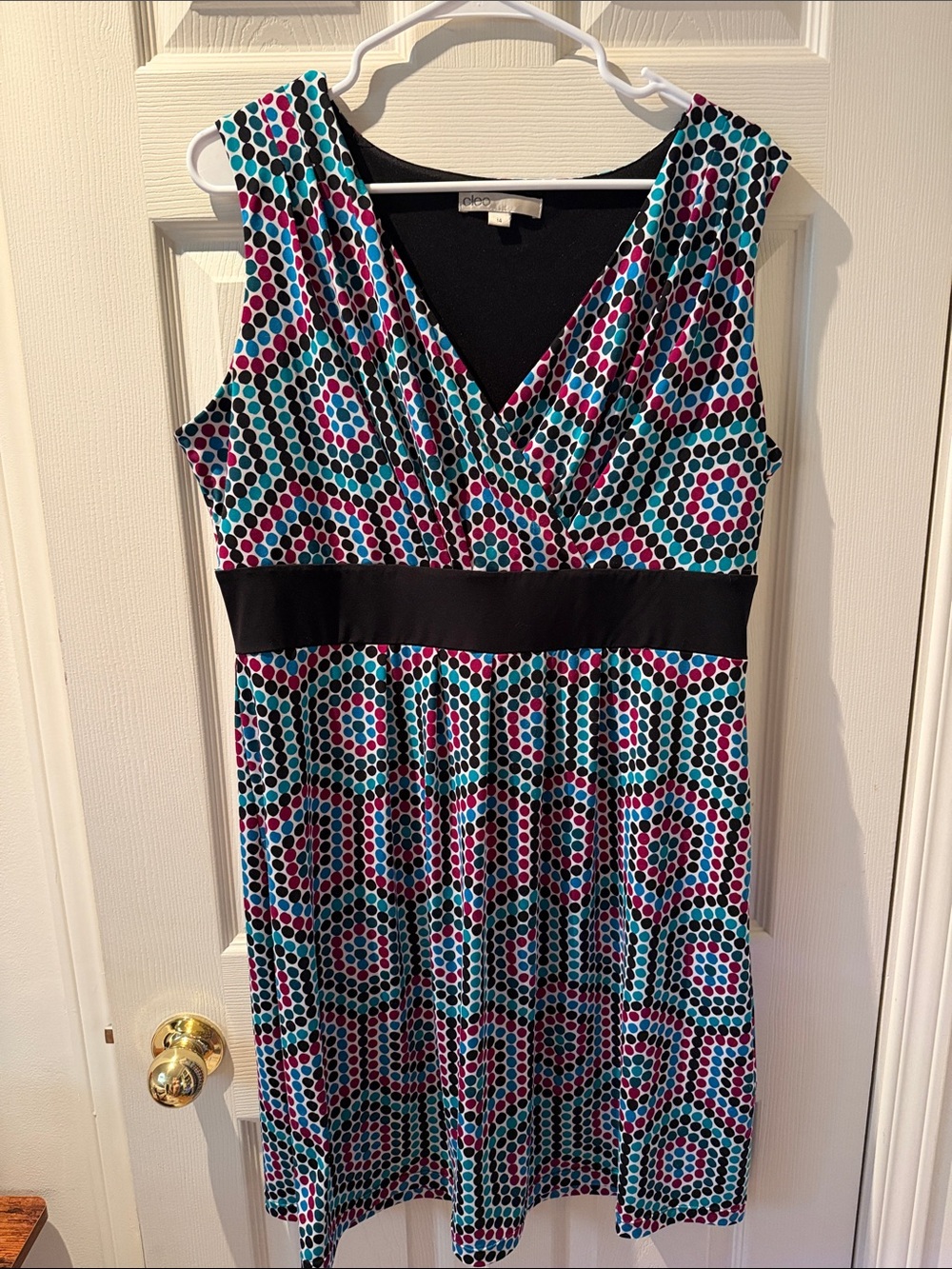 cleo Teal, Pink & Black Sleeveless V-Neck Geometric Dot Dress